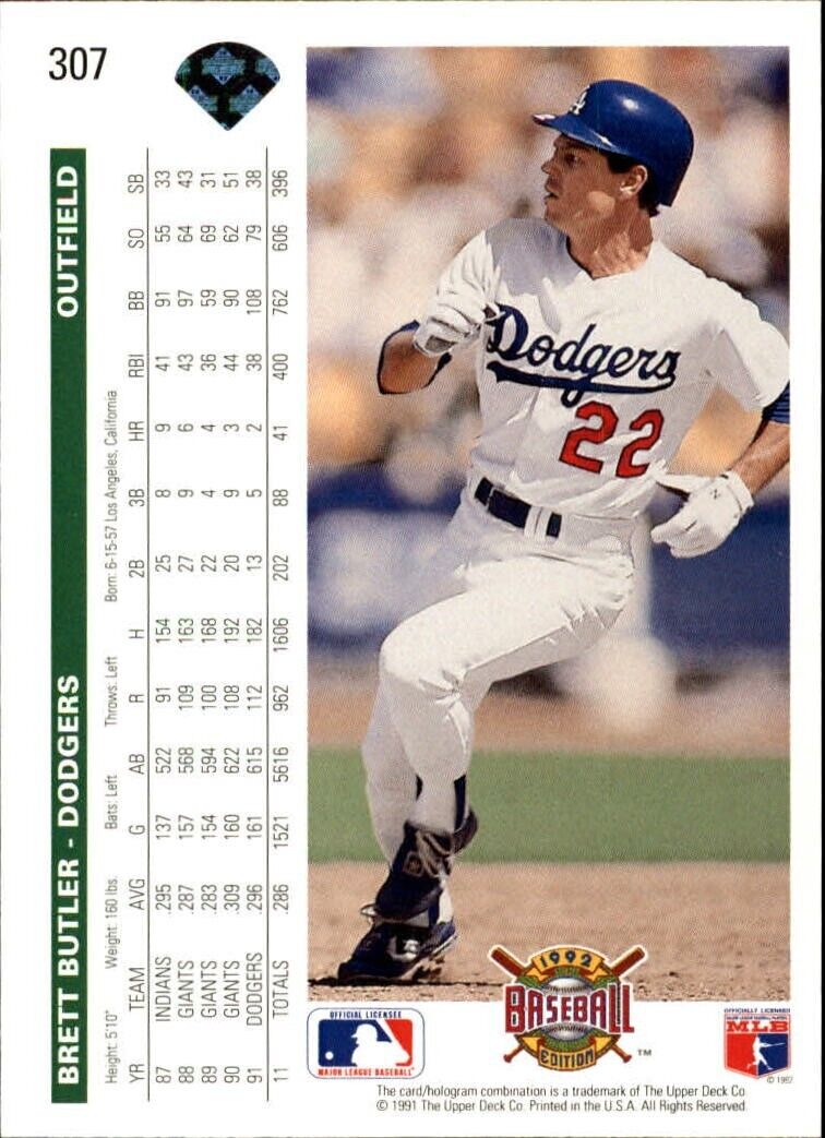 Brett Butler 1992 Upper Deck MLB #307 Baseball Card Los Angeles Dodgers