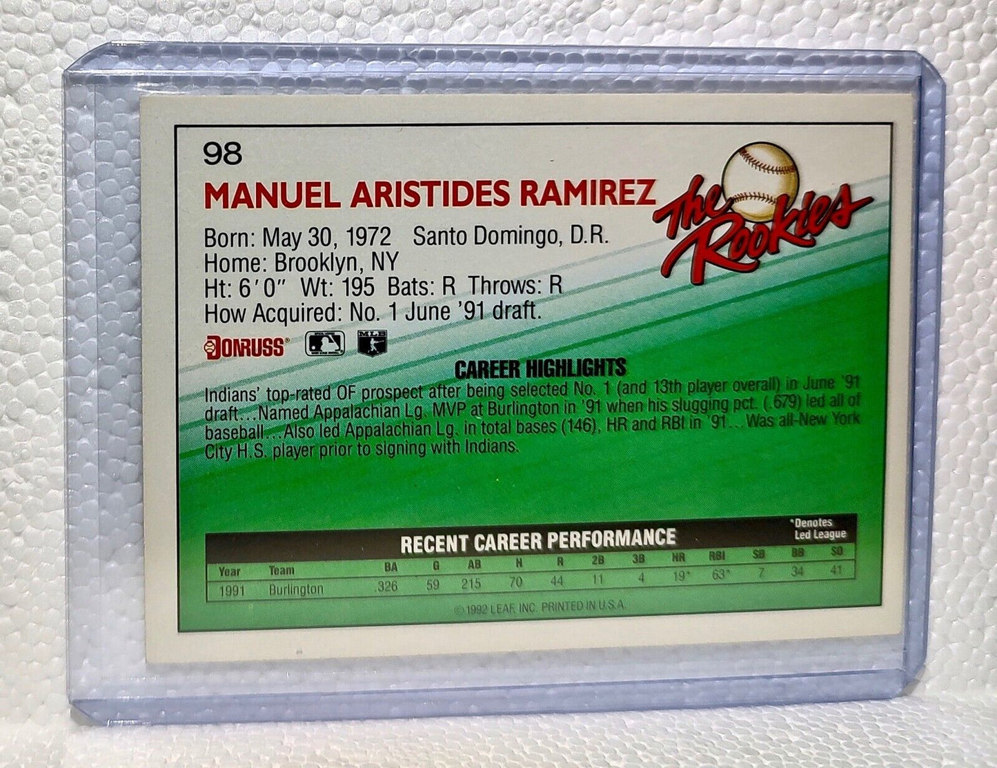 Manny Ramirez 1992 Donruss MLB #98 The Rookies Baseball Card