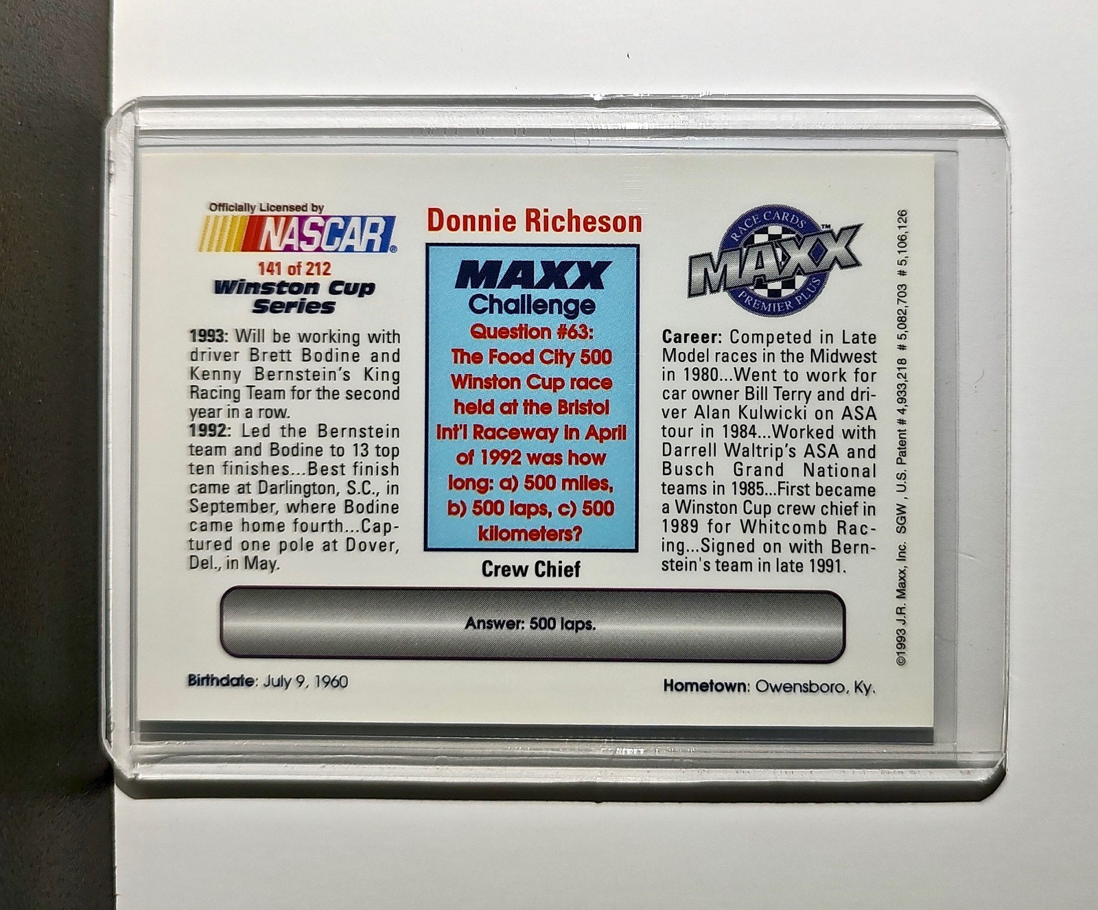 Donnie Richeson 1993 Maxx Premier Plus Racing #141 NASCAR Card King Racing