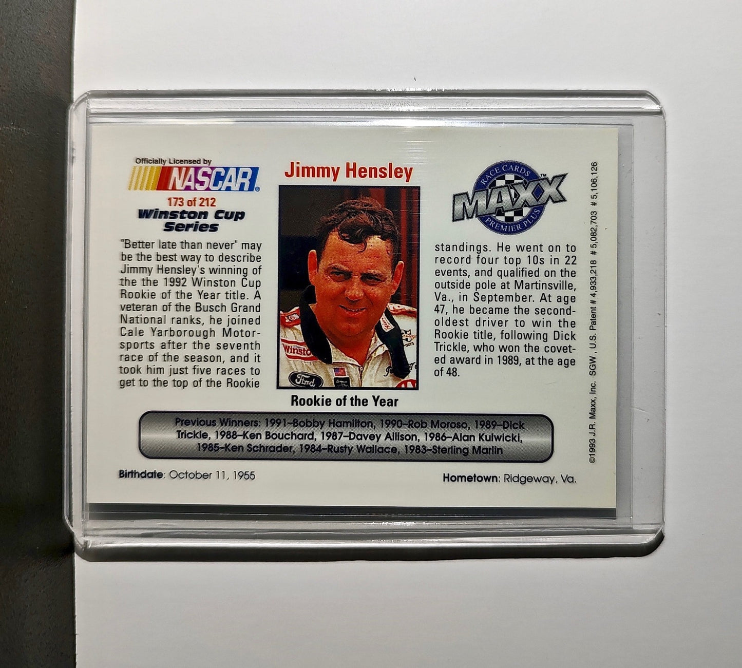 Winston Cup Rookie 1993 Maxx Premier Plus Racing #173 NASCAR Card