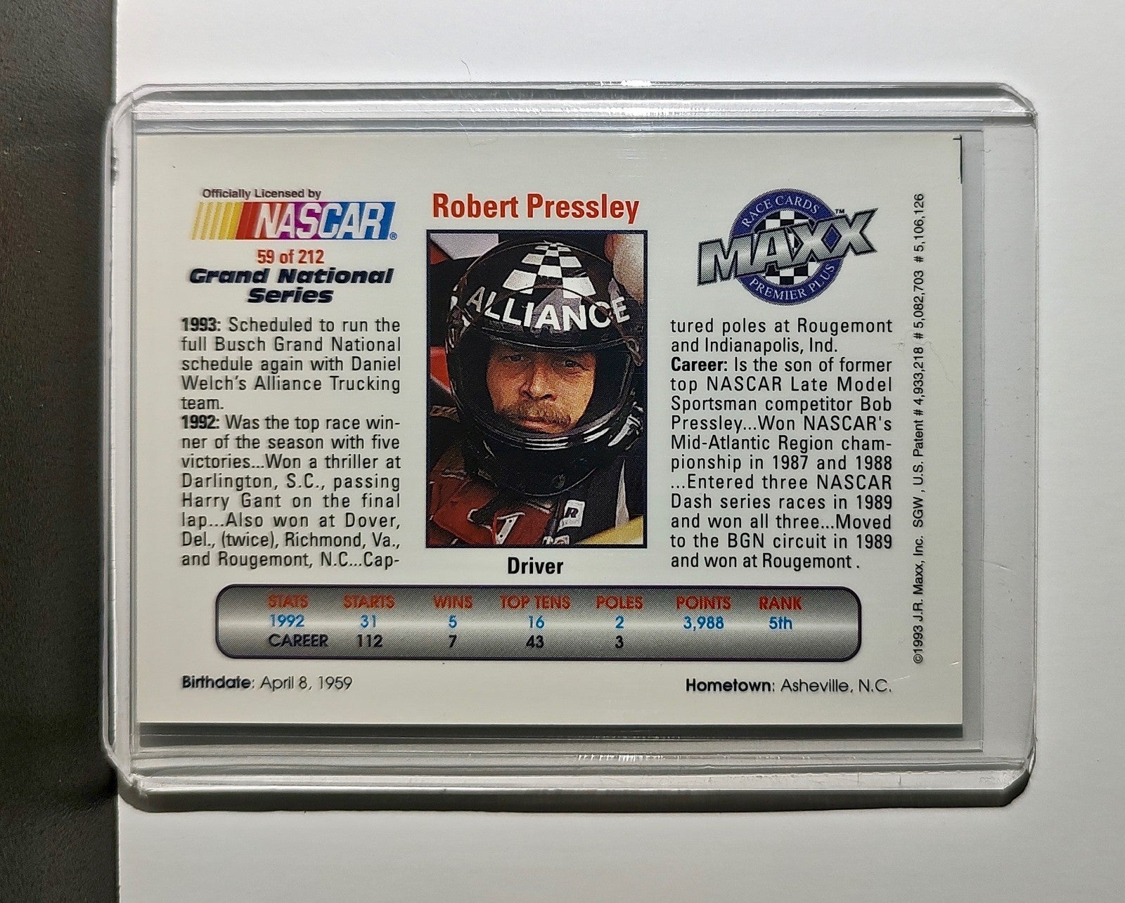 Robert Pressley 1993 Maxx Premier Plus Racing #59 NASCAR Card Alliance Racing