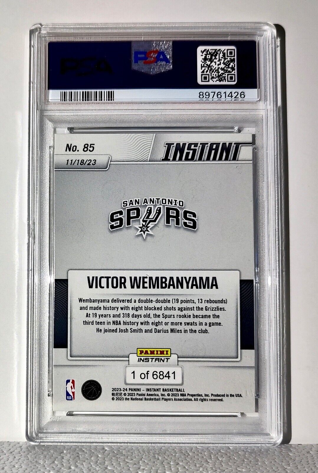 Victor Wembanyama 2023-24 Panini #85 NBA Rookie Card Spurs 1 of 6841 PSA 9 Mint