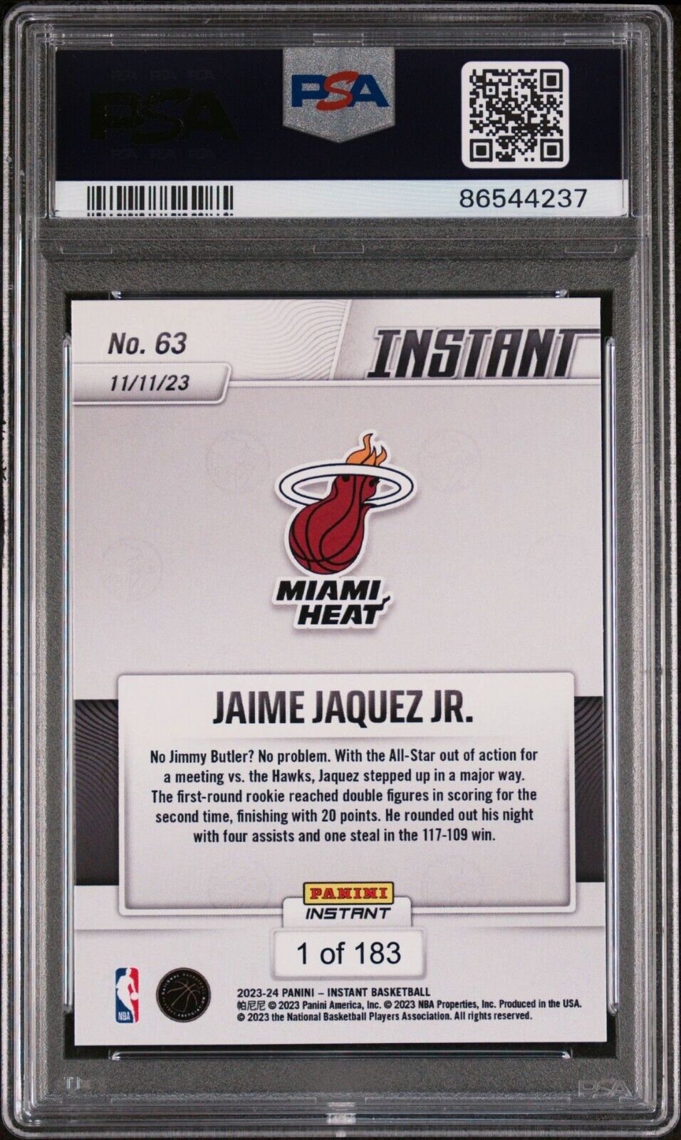 Jaime Jaquez Jr. 2023-24 Panini #63 NBA Rookie Card Heat 1 of 183 PSA 9 Mint