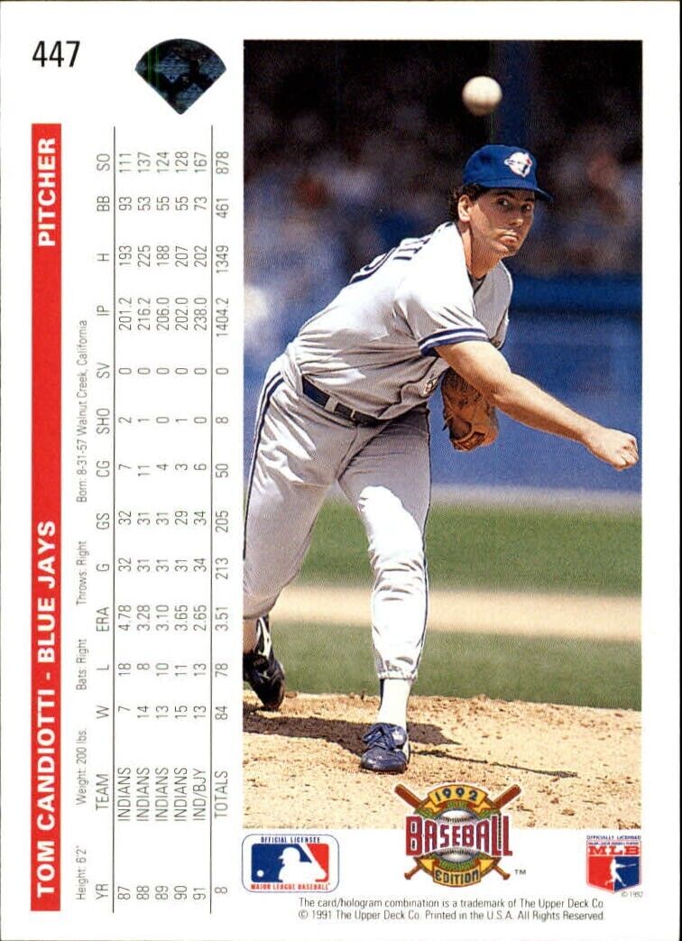 Tom Candiotti 1992 Upper Deck MLB #447 Baseball Card Toronto Blue Jays