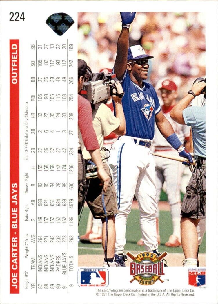 Joe Carter 1992 Upper Deck MLB #224 Baseball Card Toronto Blue Jays