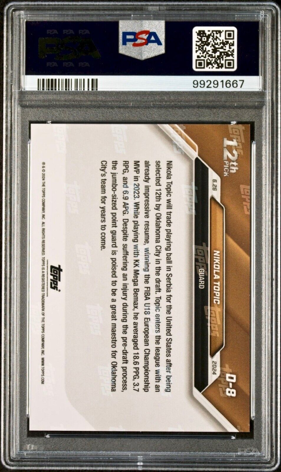 Nikola Topic 2024 Topps Now Draft Night NBA #D-8 Rookie Parallel 10/10 PSA 10