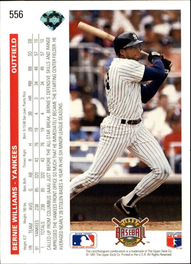 Bernie Williams 1992 Upper Deck MLB #556 Baseball Card New York Yankees