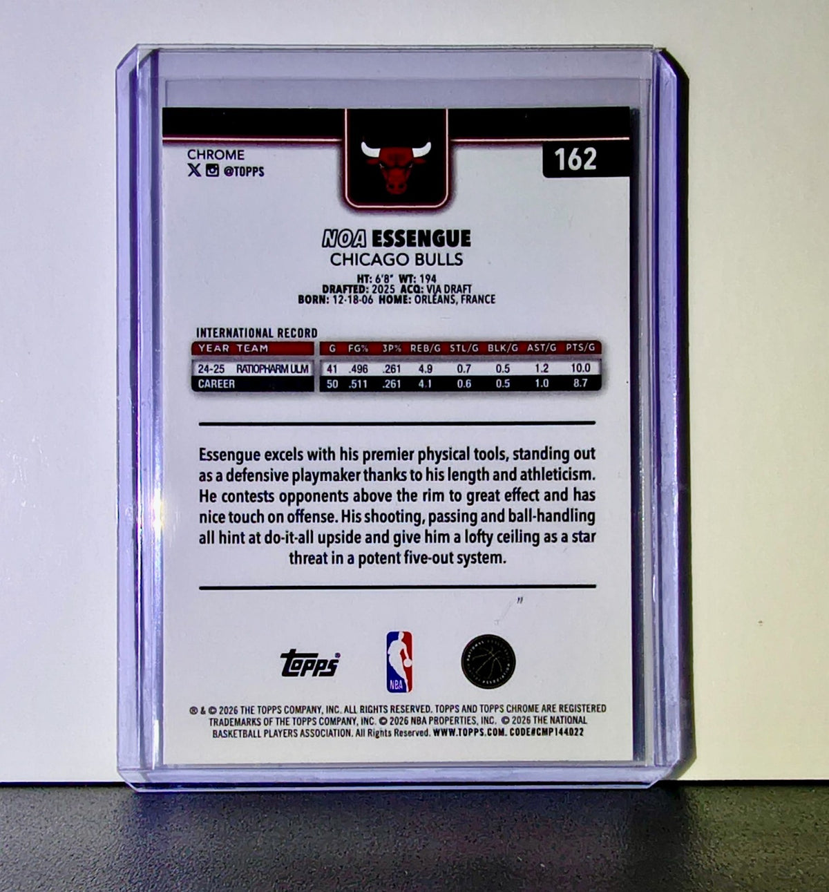 Noa Essengue Rookie 2025-26 NBA Topps Chrome Update #162 Card Chicago Bulls