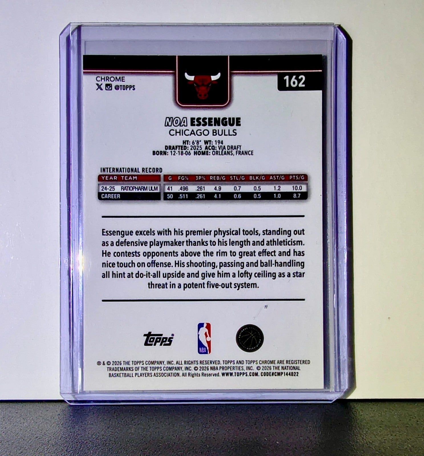 Noa Essengue Rookie 2025-26 NBA Topps Chrome Update #162 Card Chicago Bulls