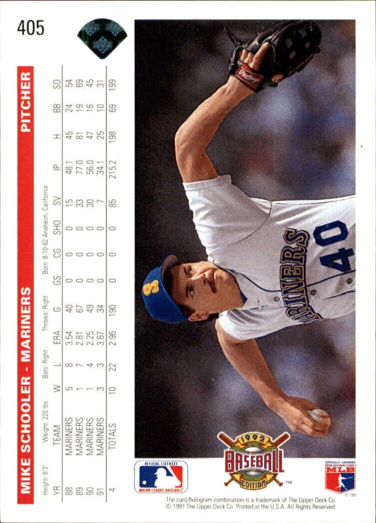 Mike Schooler 1992 Upper Deck MLB #405 Baseball Card Seattle Mariners