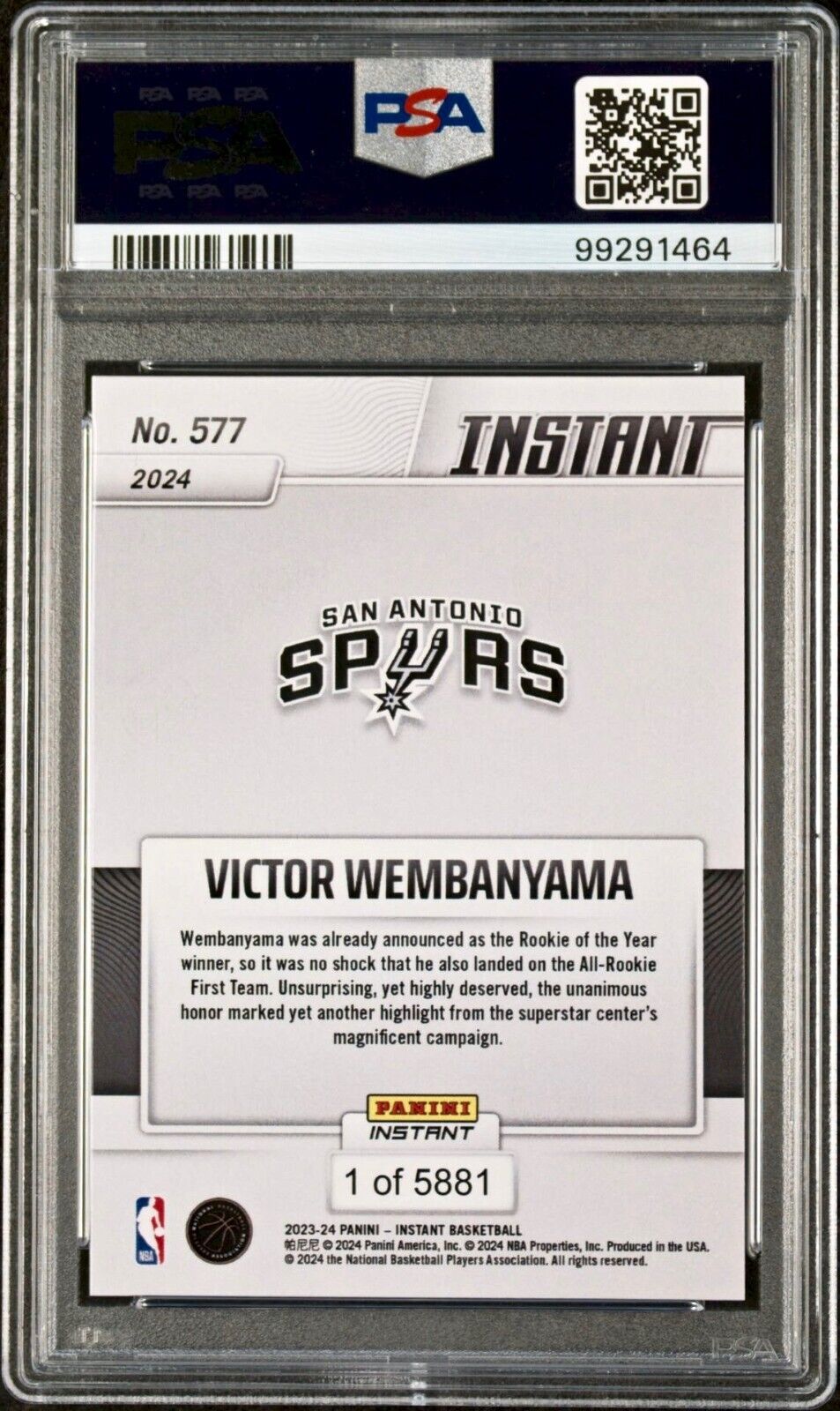 Victor Wembanyama 2023 Panini NBA All-Rookie 1st Team 577 Rookie Card PSA 9 Mint