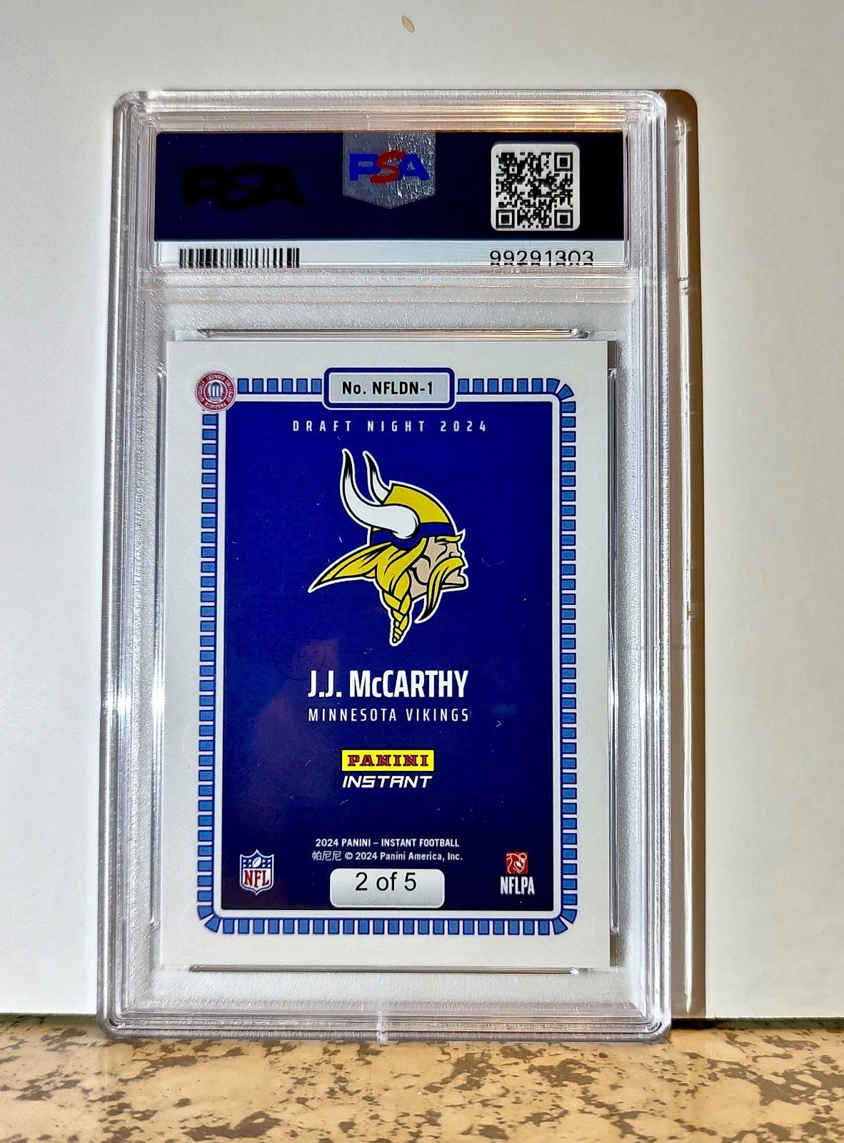 JJ McCarthy Rookie 2024 Panini NFL Draft Night Blue Football Card 2/5 SSP PSA 9