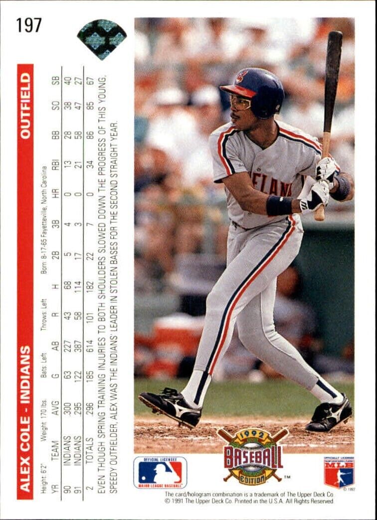 Alex Cole 1992 Upper Deck MLB #197 Baseball Card Cleveland Indians