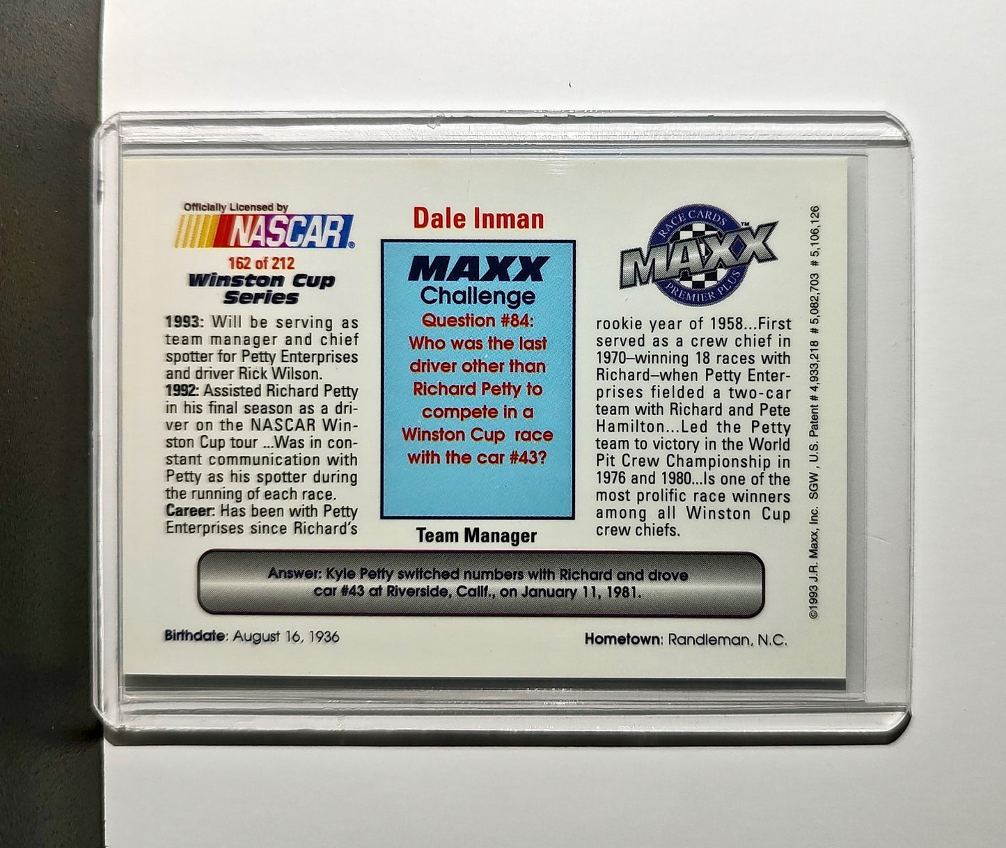 Dale Inman 1993 Maxx Premier Plus Racing #162 NASCAR Card Petty Enterprises