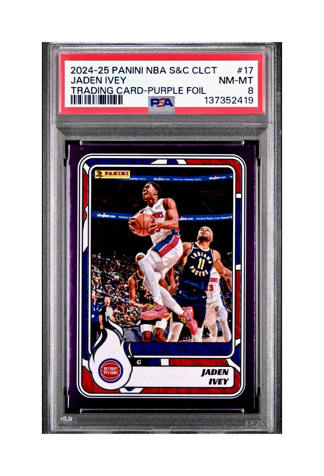 Jaden Ivey 2024-25 Panini NBA #17 Sticker 50/75 Purple Foil PSA 8 NM-MT