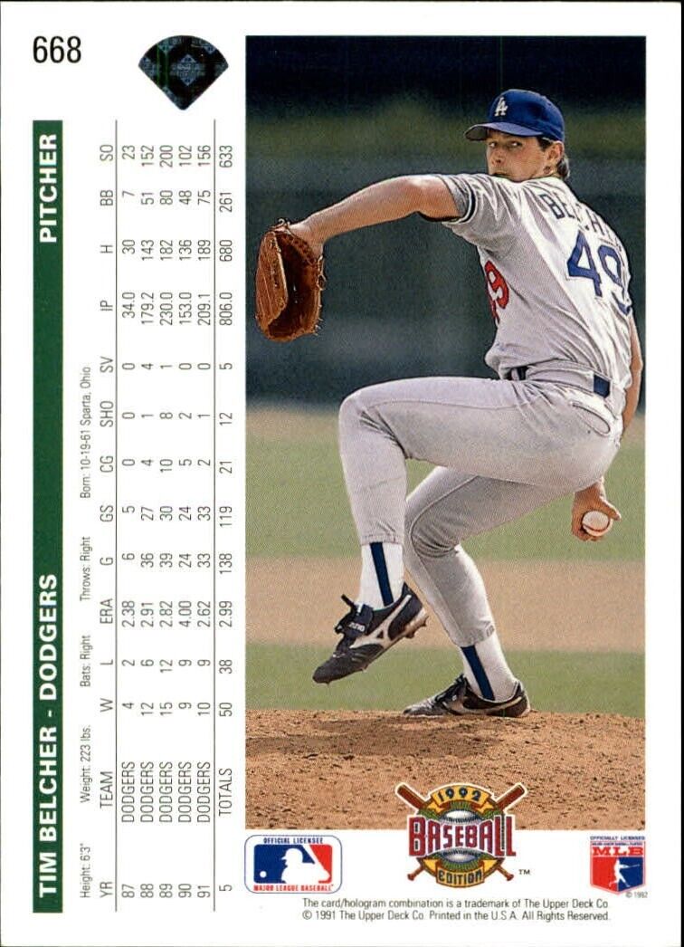 Tim Belcher 1992 Upper Deck MLB #668 Baseball Card Los Angeles Dodgers