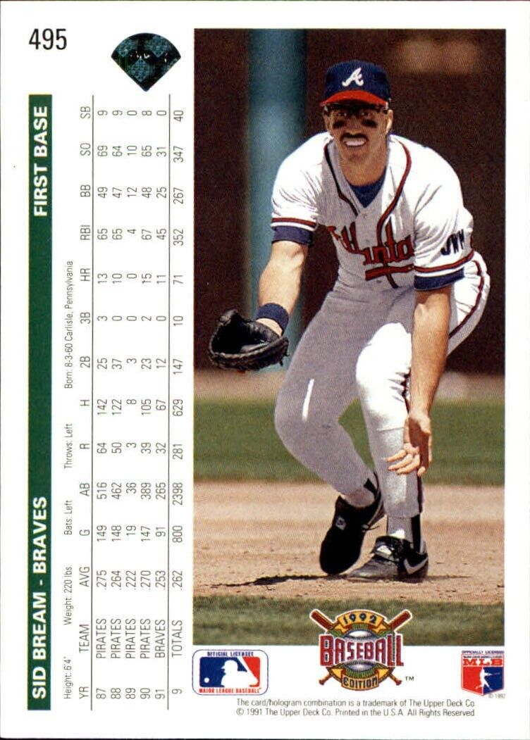 Sid Bream 1992 Upper Deck MLB #495 Baseball Card Atlanta Braves