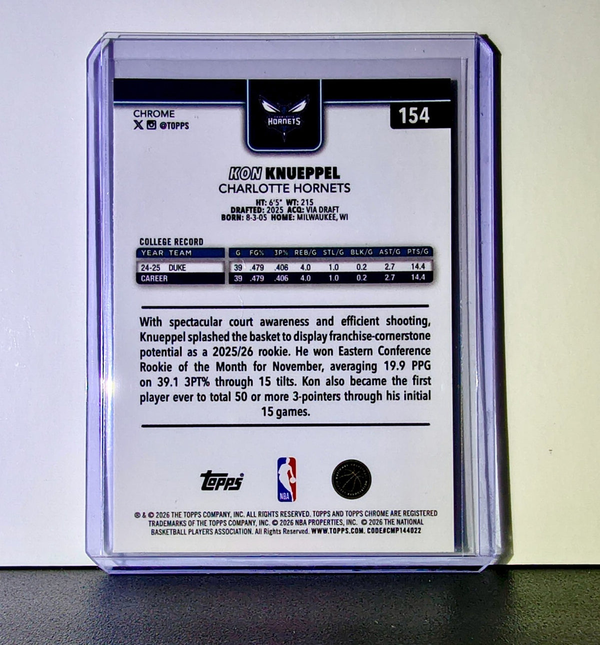 Kon Knueppel Rookie 2025-26 NBA Topps Chrome Update #154 Card Charlotte Hornets