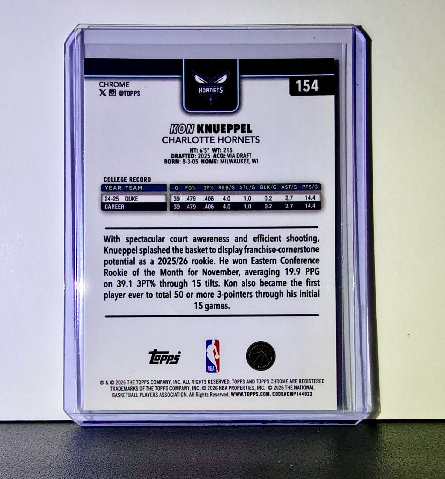 Kon Knueppel Rookie 2025-26 NBA Topps Chrome Update #154 Card Charlotte Hornets