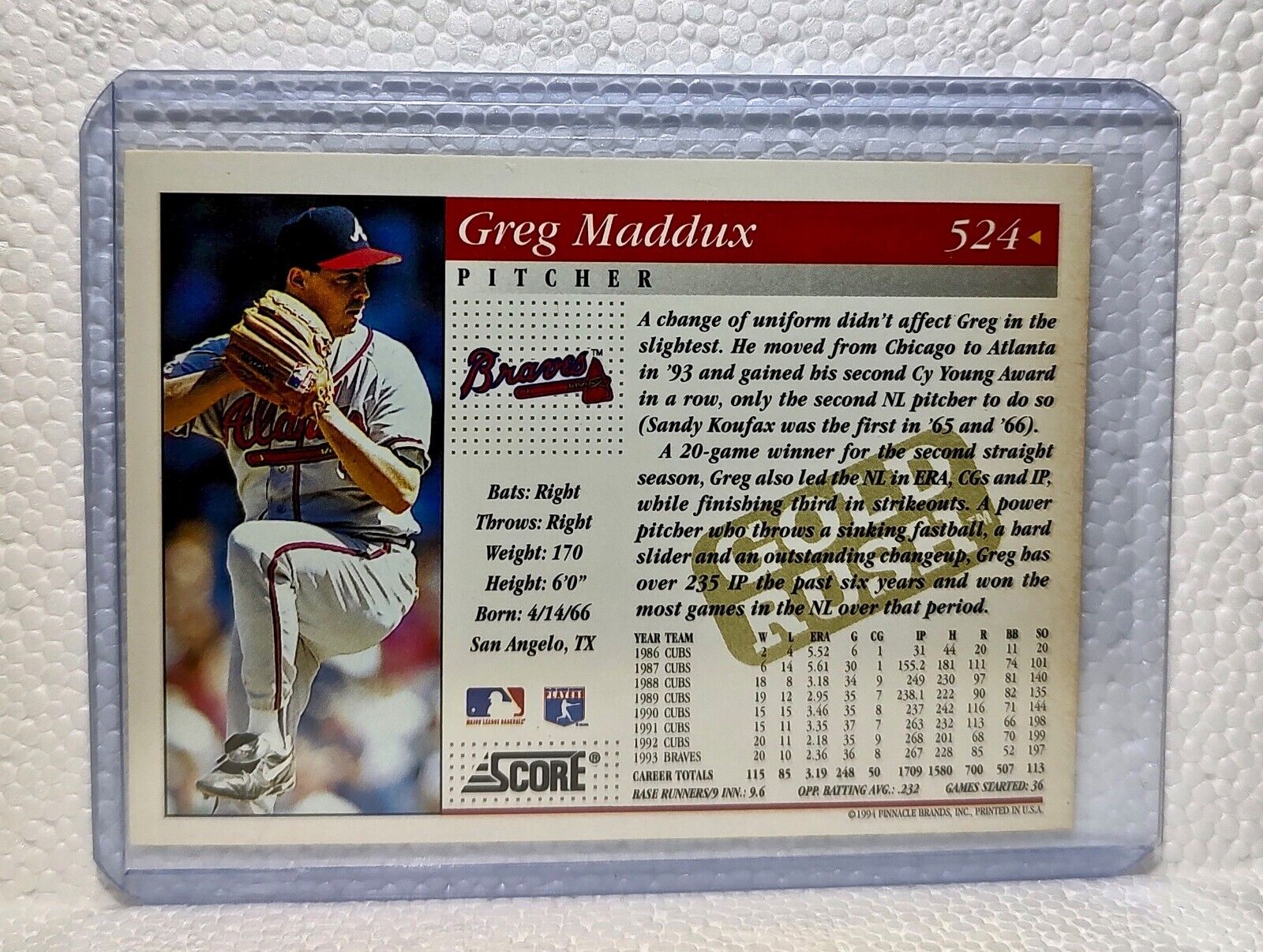 Greg Maddux 1994 Pinnacle Score MLB #524 Gold Rush Baseball Card Atlanta Braves