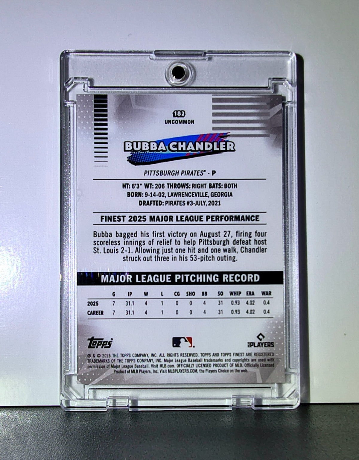 Bubba Chandler 2026 MLB Rookie Topps Finest #182 Uncommon Baseball Pirates