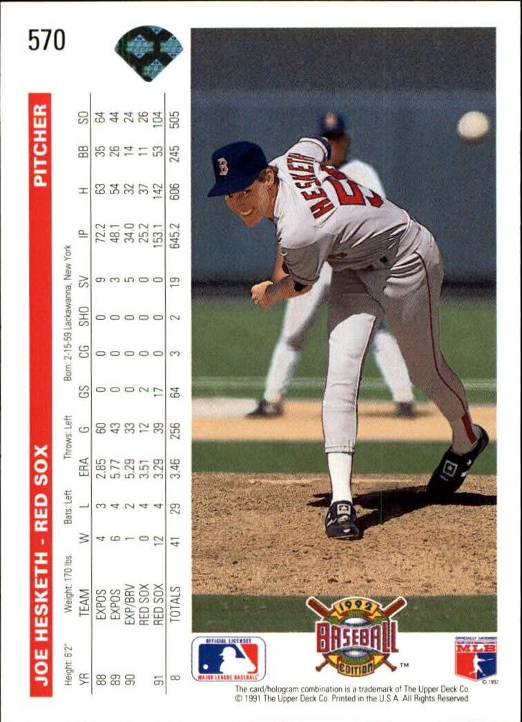 Joe Hesketh 1992 Upper Deck MLB #570 Baseball Card Boston Red Sox