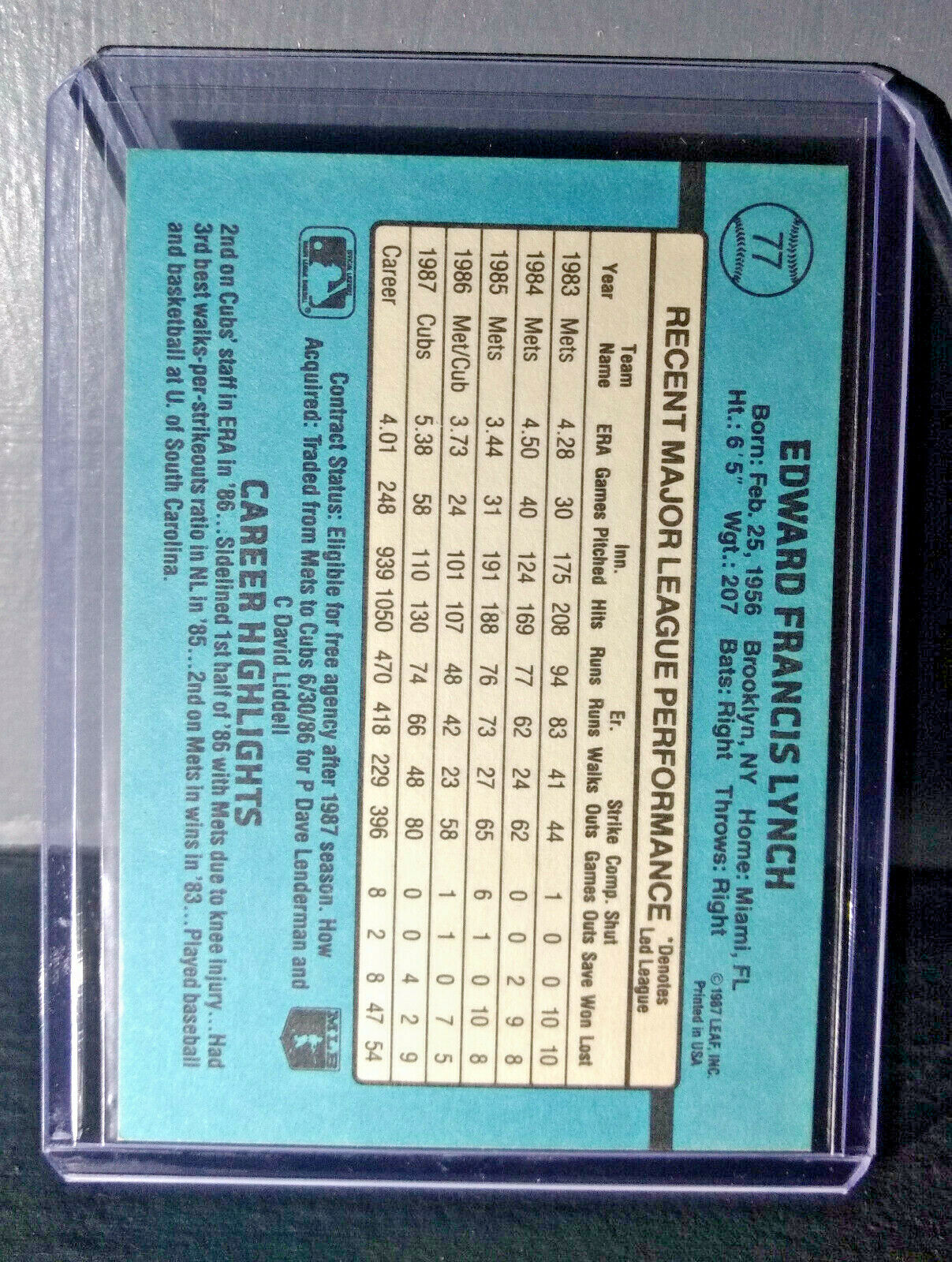 1988 Ed Lynch Donruss #77 Baseball Card