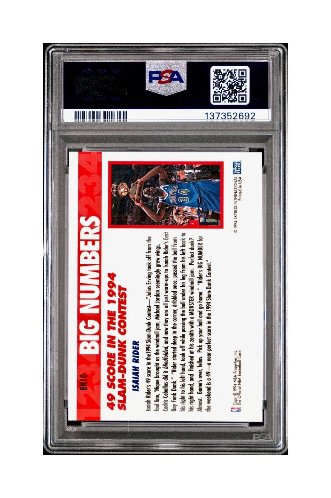 Isaiah Rider 1994 NBA Hoops Big Numbers #BN10 Rainbow PSA 8 NM-MT