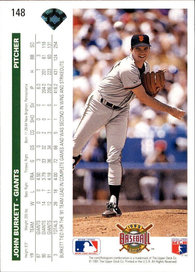 John Burkett 1992 Upper Deck MLB #148 Baseball Card San Francisco Giants
