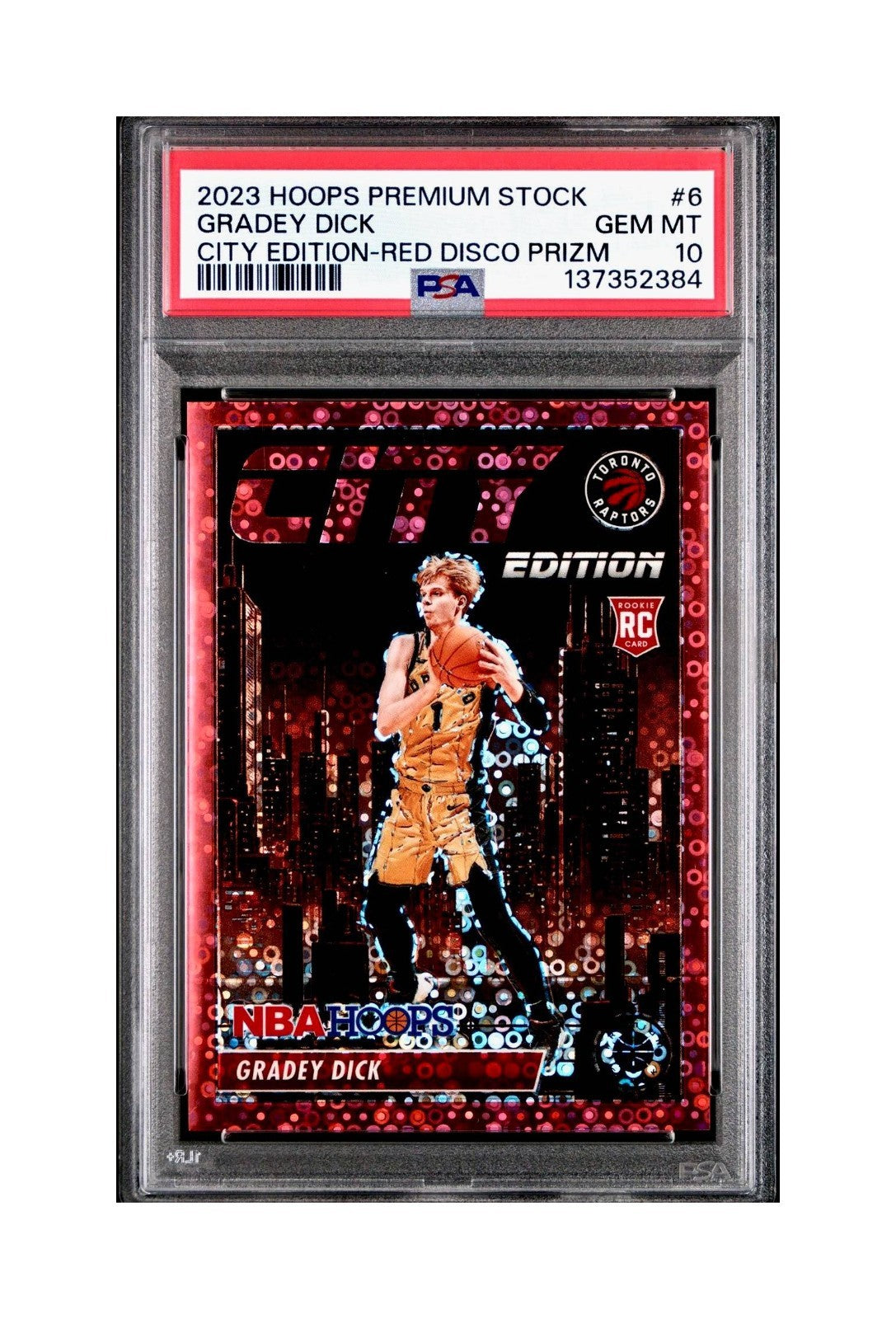 Gradey Dick 2023 Panini Hoops Premium City Edition #6 Red Disco Prizm PSA 10 Gem