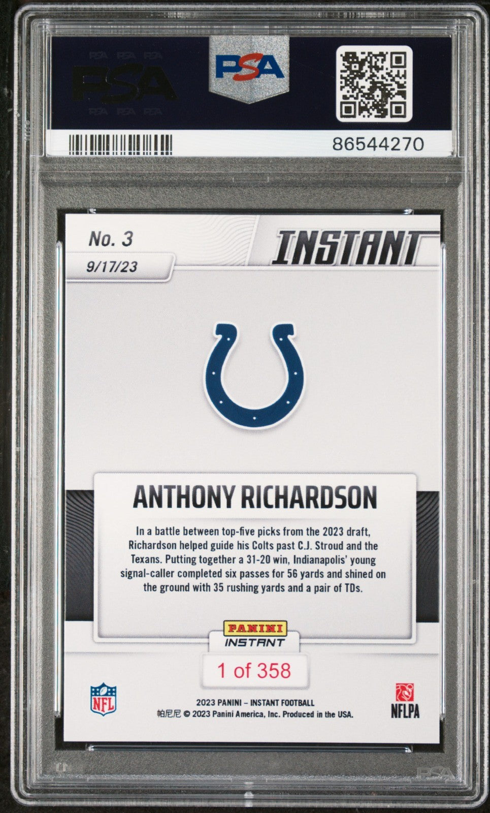 Anthony Richardson 2023 Panini NFL Rookie #3 Card 1 of 358 Colts PSA 9 Mint