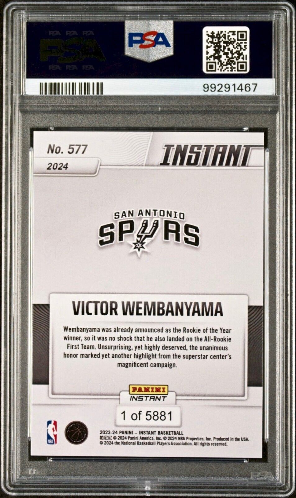 Victor Wembanyama 2023 Panini NBA All-Rookie 1st Team 577 Rookie Card PSA 9 Mint