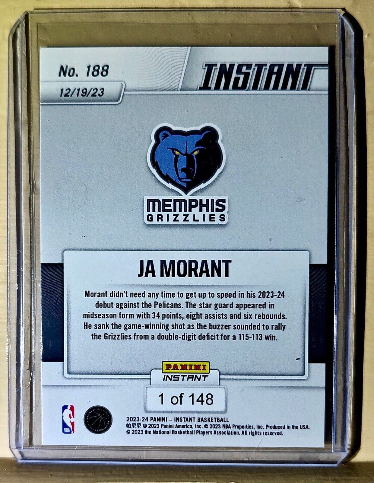 Ja Morant 2023-24 Panini #188 NBA Basketball Card Grizzlies 1 of 148