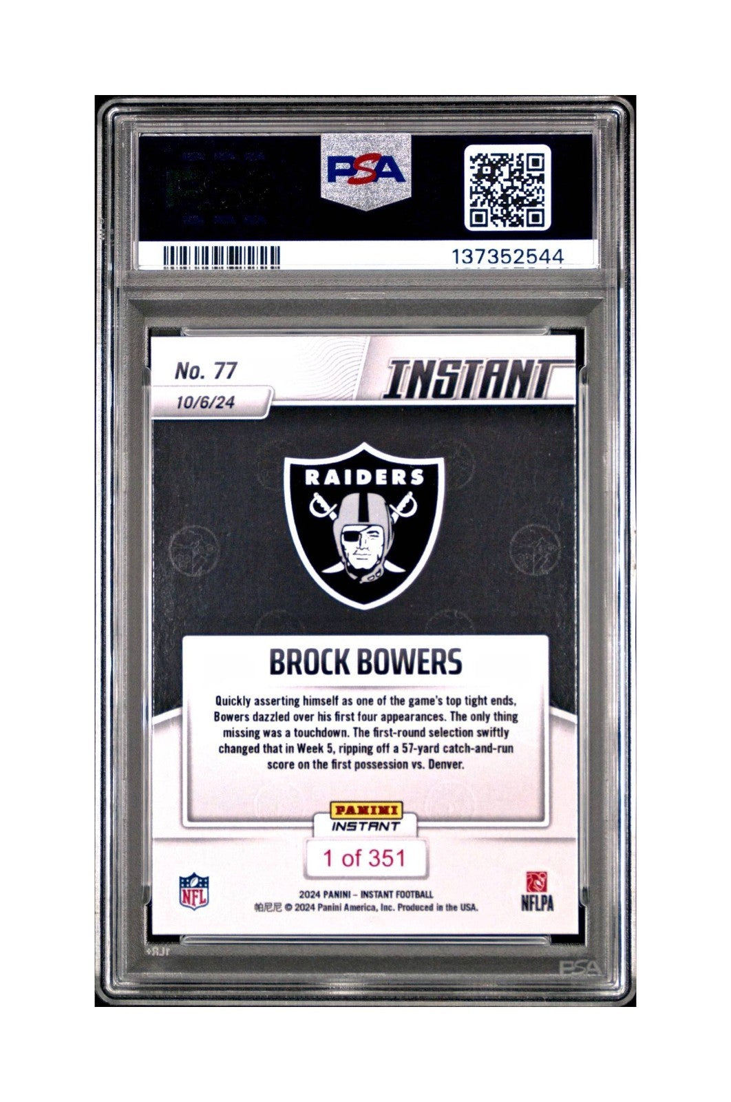 Brock Bowers Rookie 2024 Panini Instant NFL #77 PSA 10 Gem Mint
