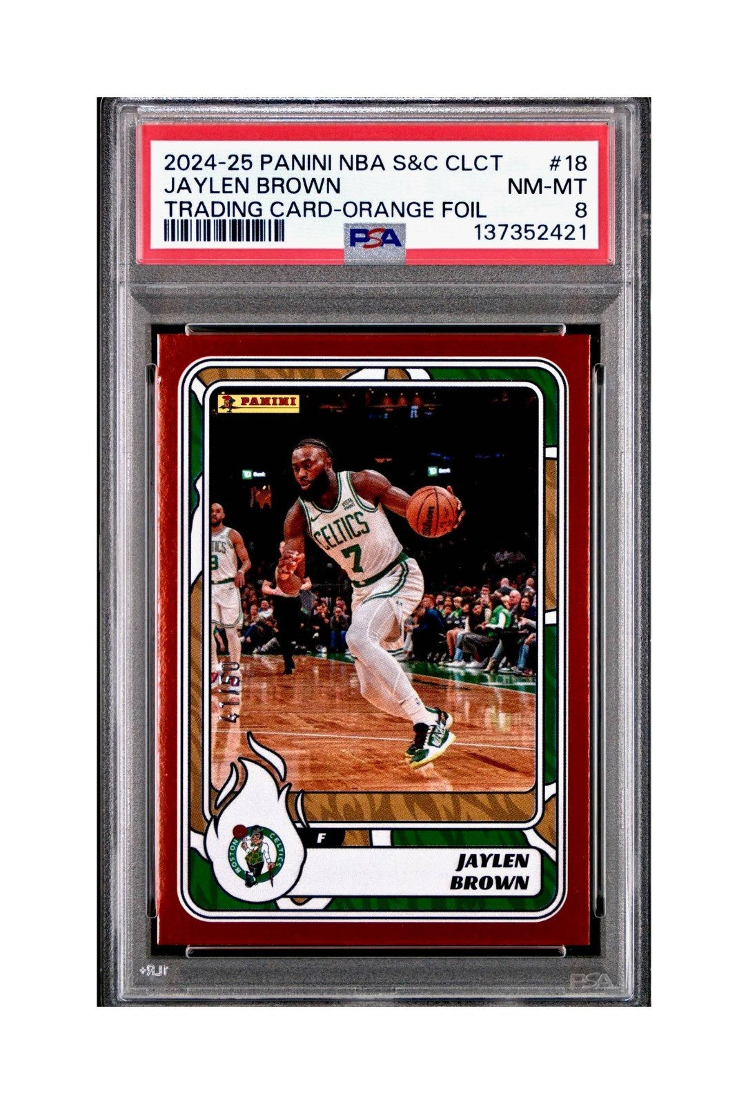 Jaylen Brown 2024-25 Panini NBA #18 Sticker 41/50 Orange Foil PSA 8 NM-MT