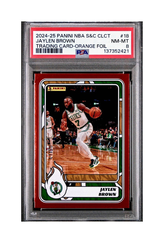 Jaylen Brown 2024-25 Panini NBA #18 Sticker 41/50 Orange Foil PSA 8 NM-MT