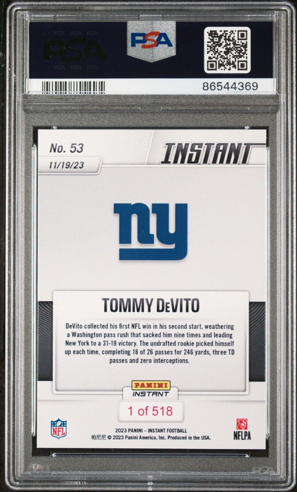 Tommy Devito 2023 Panini NFL Rookie Football #53 Card 1 of 518 Giants PSA 9 Mint