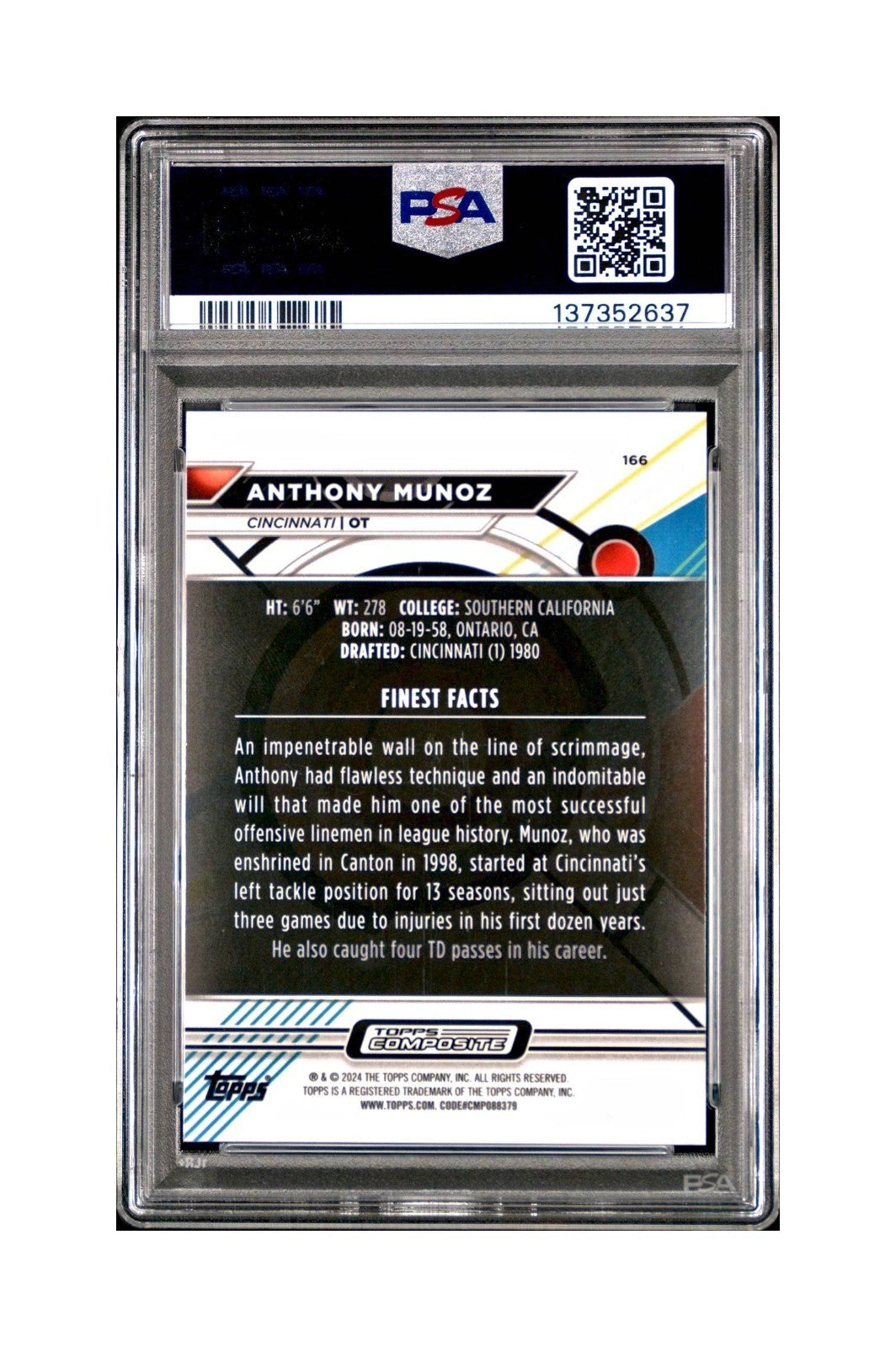 Anthony Munoz 2023 Topps 001/325 Finest Sky Blue Refractor #166 PSA 10 Gem Mint