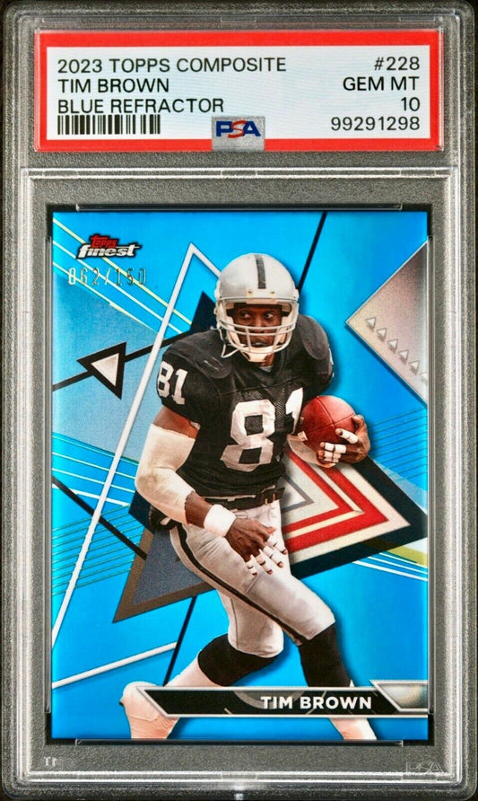 Tim Brown 2023 Topps Finest NFL #228 Blue Refractor 062/150 Football Card PSA 10