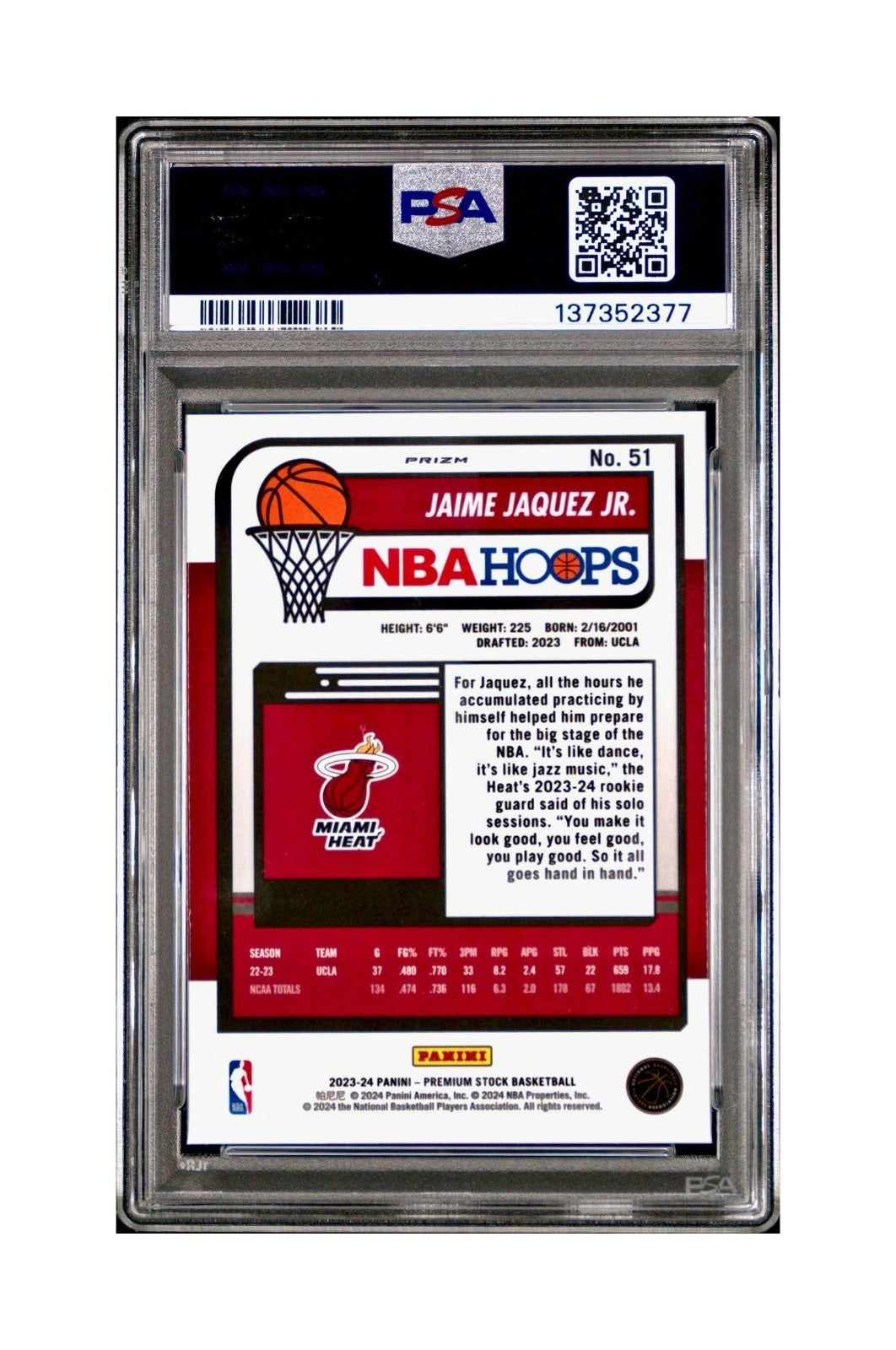 Jaime Jaquez Jr. 2023 Panini Hoops Premium #51 Disco Prizm PSA 8 NM-MT