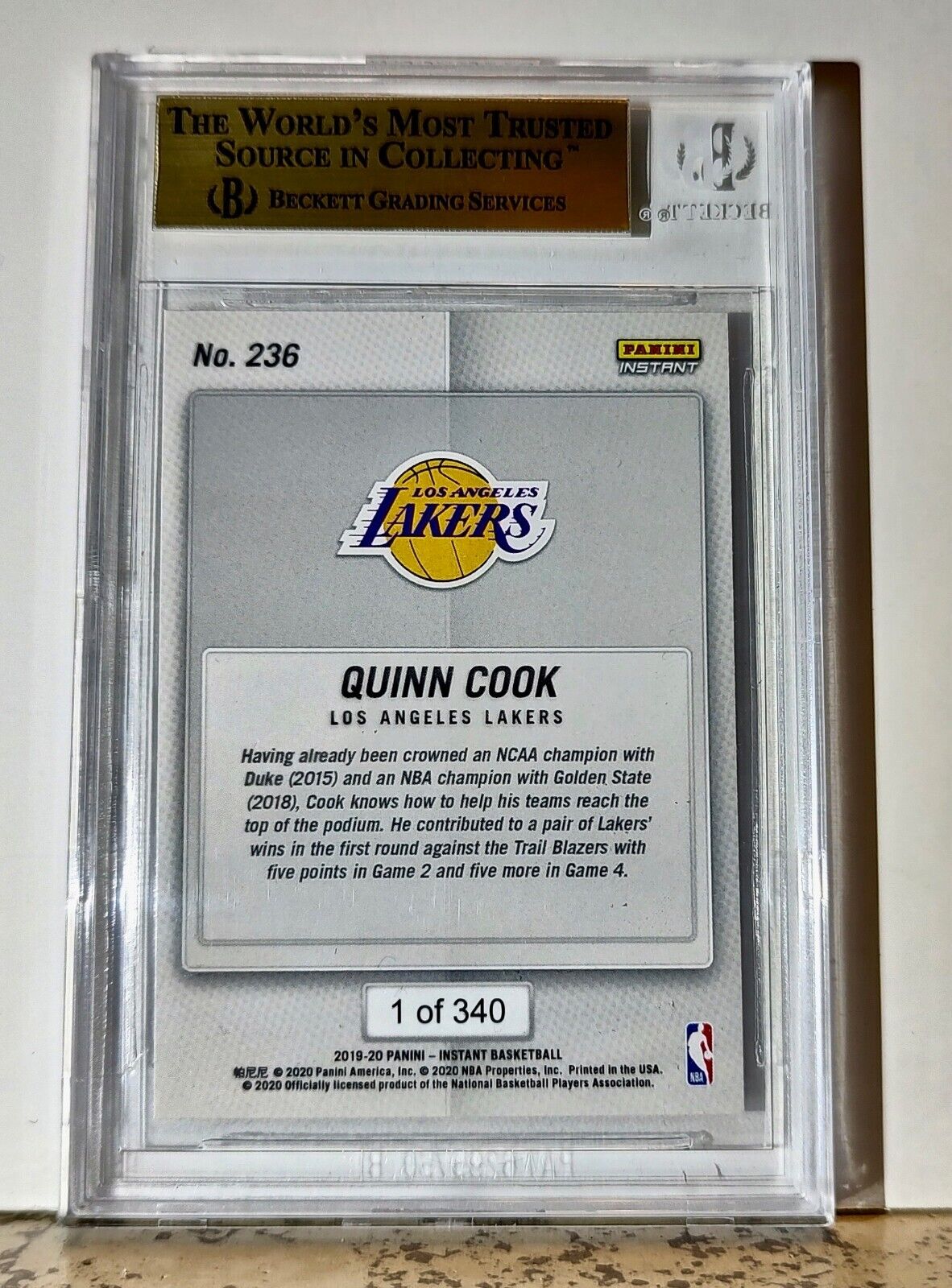 Quinn Cook 2019-20 Panini NBA #236 Card 1 of 340 BGS 9.5 Gem Mint LA Lakers