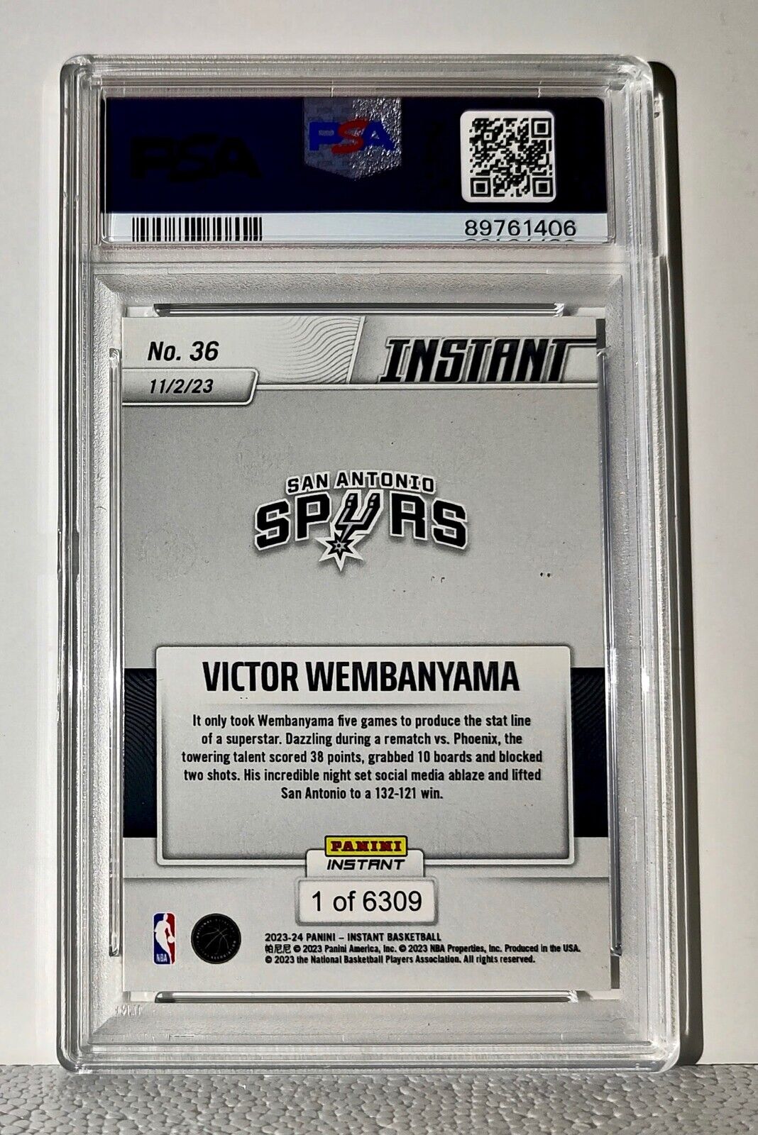 Victor Wembanyama 2023-24 Panini #36 NBA Rookie Card Spurs 1 of 6309 PSA 9 Mint