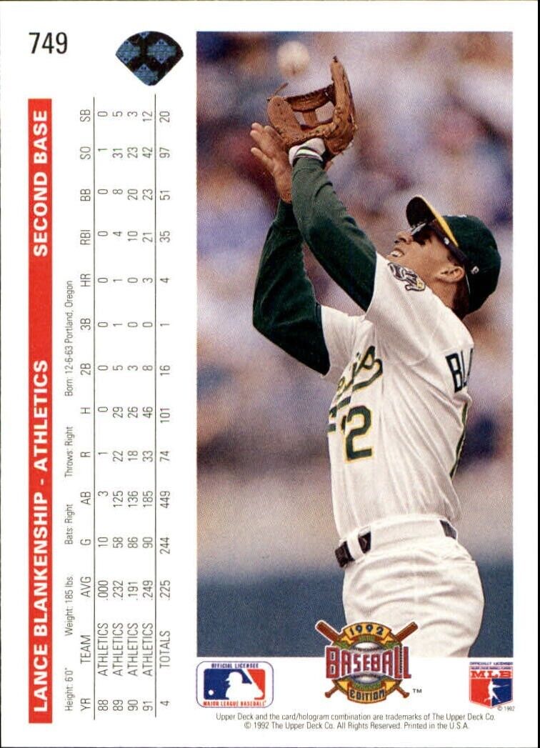 Lance Blankenship 1992 Upper Deck MLB #749 Baseball Card Oakland Athletics