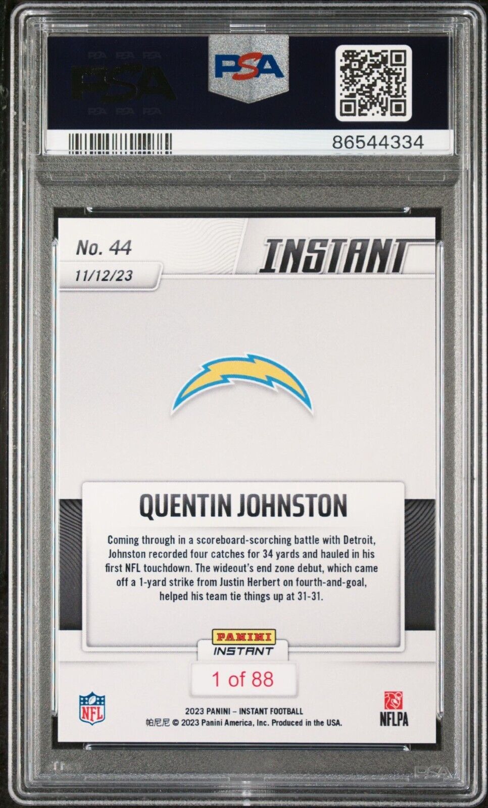 Quentin Johnston 2023 Panini NFL Rookie #44 Card 1 of 88 Chargers PSA 9 Mint