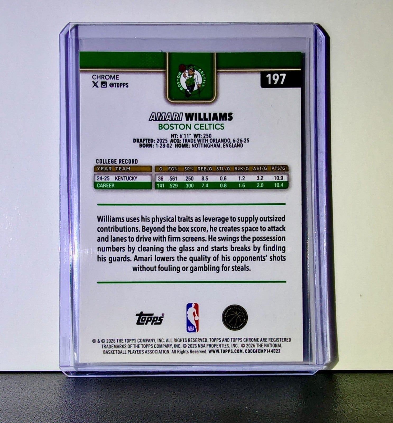 Amari Williams Rookie 2025-26 NBA Topps Chrome Update #197 Card Boston Celtics