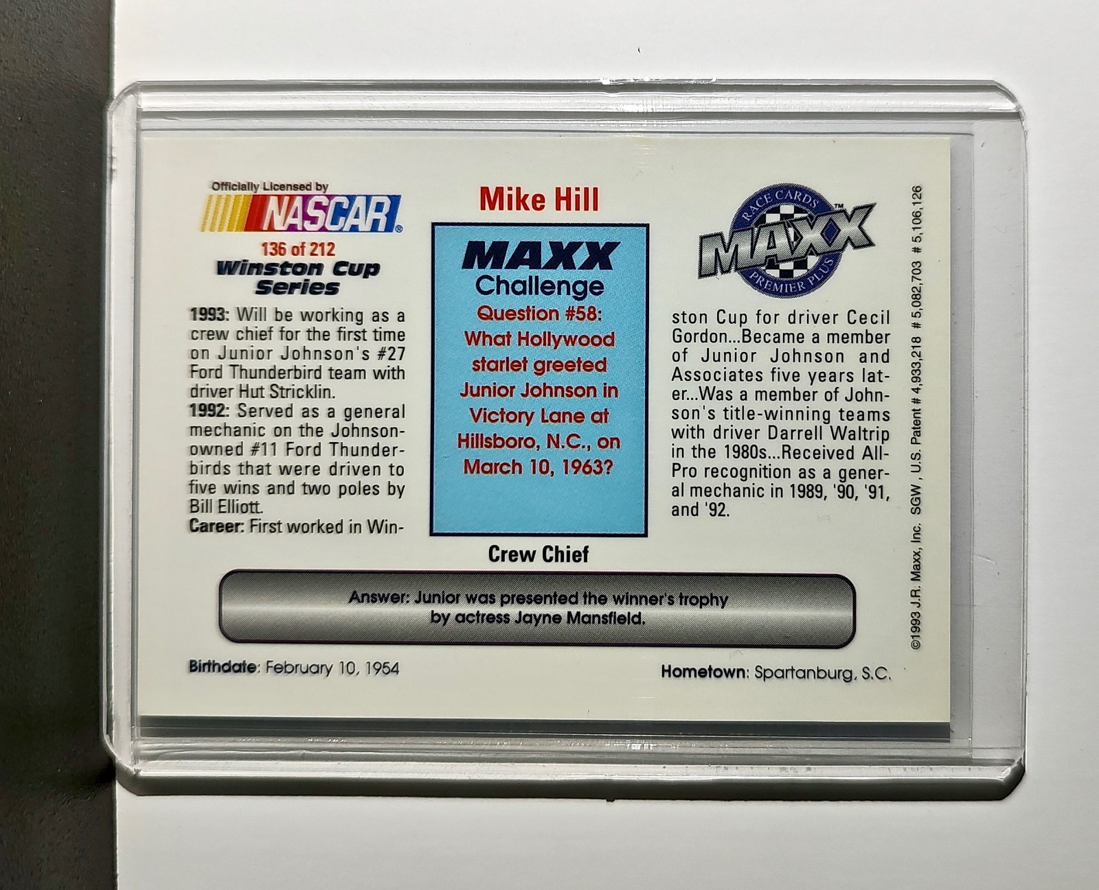 Mike Hill 1993 Maxx Premier Plus Racing #136 NASCAR Card Junior Johnson