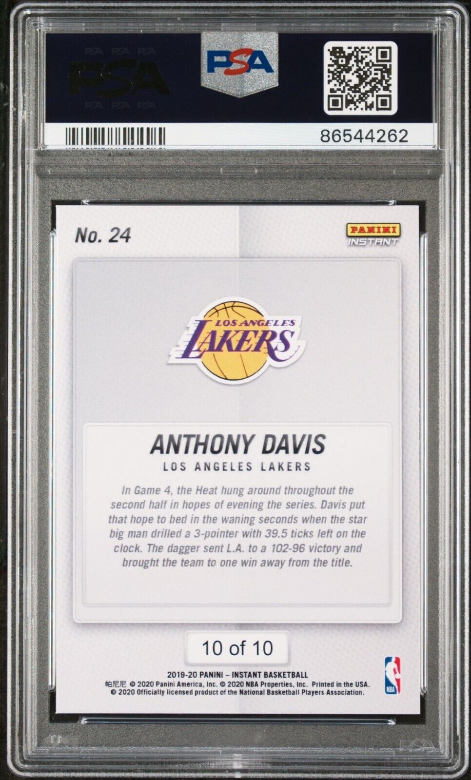 Anthony Davis 2020 Panini Lakers NBA Champions #24 Green Card 10/10 PSA 9 Mint