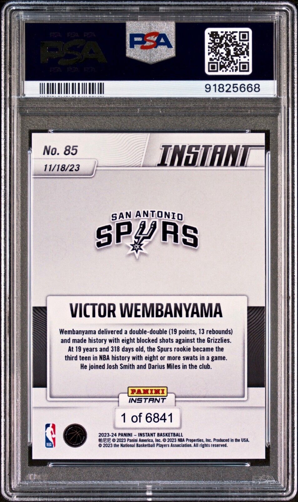 Victor Wembanyama 2023-24 Panini #85 NBA Rookie Card Spurs 1 of 6841 PSA 10 Gem