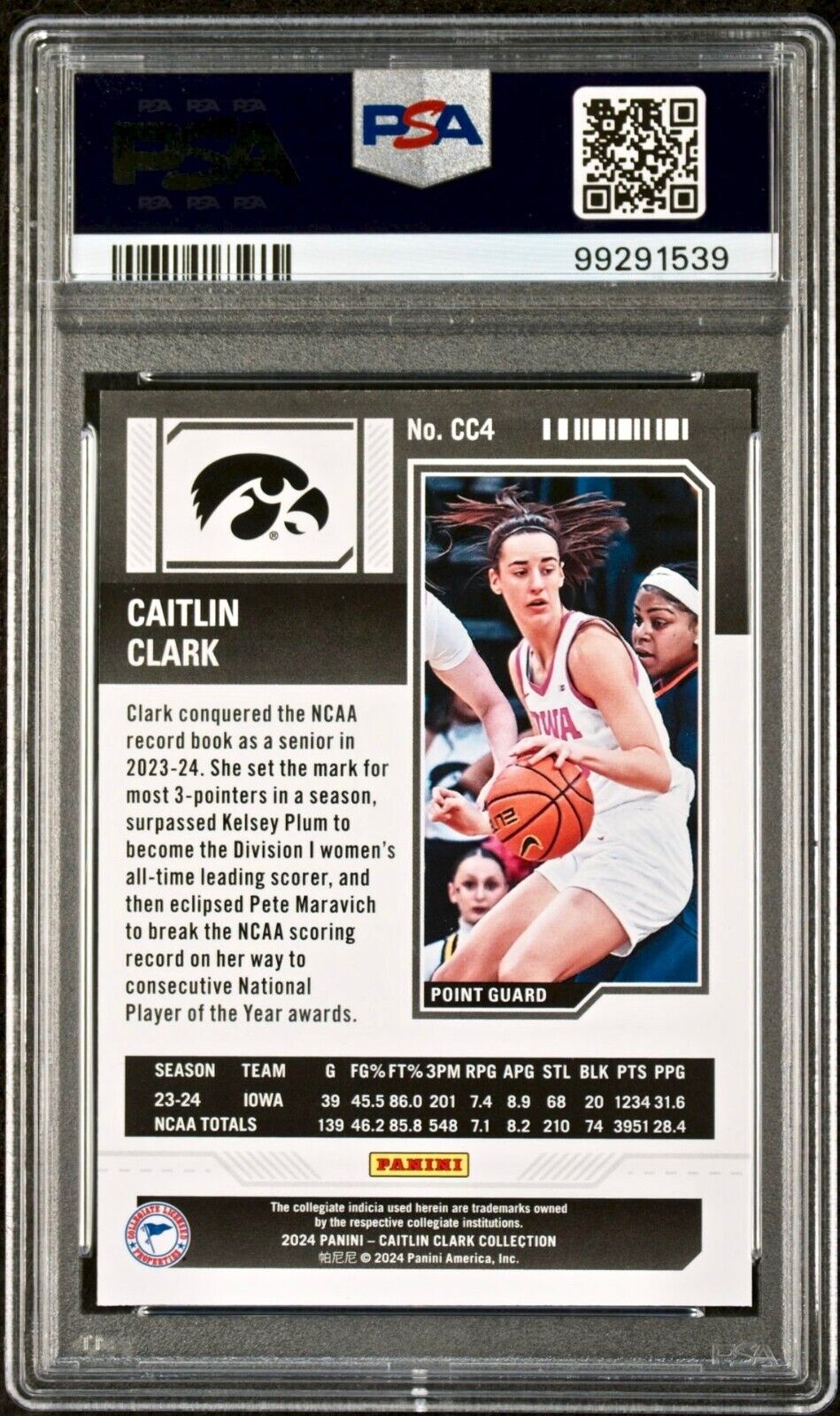 Caitlin Clark 2024 Panini College Contenders Season Ticket #CC4 PSA 9 Mint