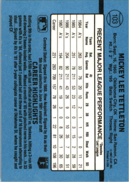 1988 Mickey Tettleton Donruss Baseball Card #103